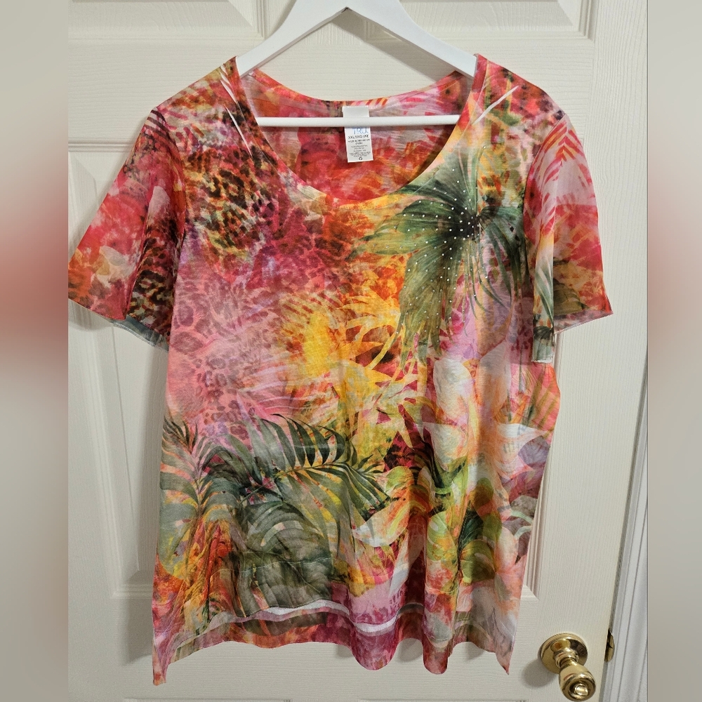 Time and Tru Colorful Pink Tropical Print Short Sleeve Top Size XXL